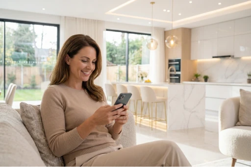 Client using a smartphone to share feedback about a home cleaning service