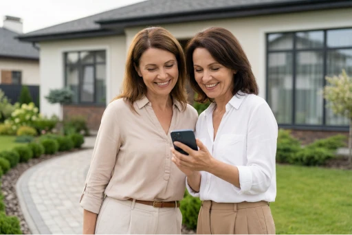 Two women smiling while looking at a phone outside a beautiful home